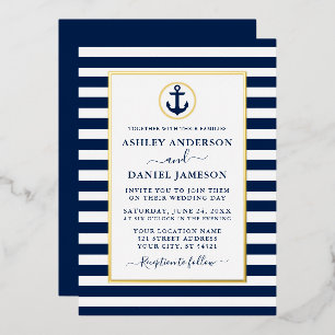 Nautical Anchor Blue Stripes Wedding Gold