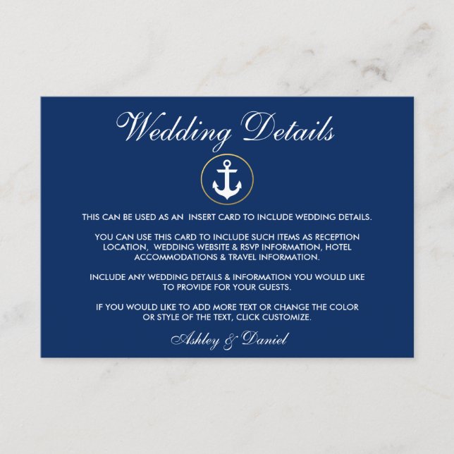 Nautical Anchor Blue Wedding Details Insert Card (Front)