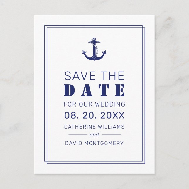 Nautical Anchor Blue Wedding Save the Date Announcement Postcard (Front)