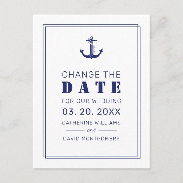 Nautical Anchor Blue Wedding Save the Date Announcement Postcard (Front)