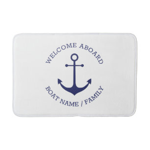Nautical anchor blue white custom welcome aboard bath mat