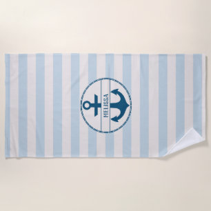 Nautical Anchor Blue White Personalised Beach Towel