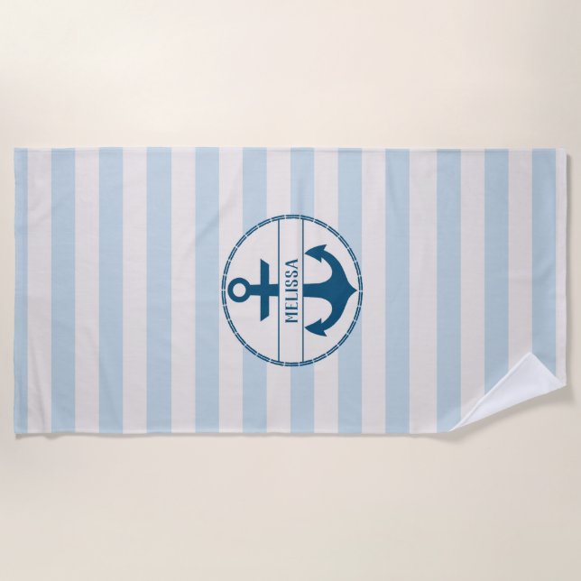 Nautical Anchor Blue White Personalised Beach Towel (Front)