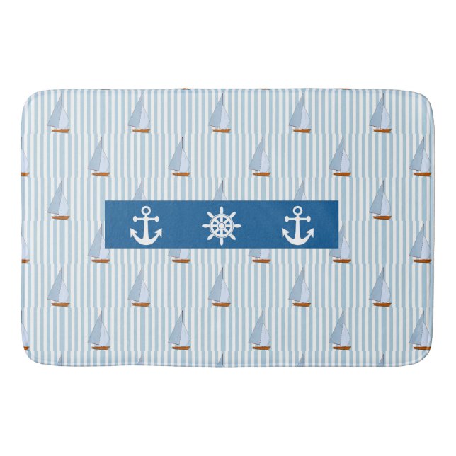 Nautical Anchor Blue White Stripe Background Bath Mat (Front)