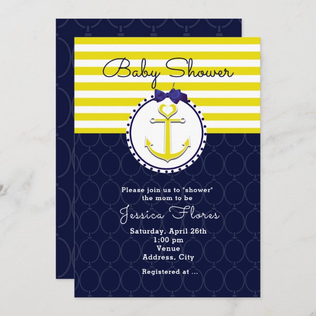 Nautical Anchor Blue Yellow Baby Shower Invitation (Front/Back)