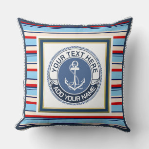 Nautical Anchor Blues, Reds, and Creams Striped Cushion