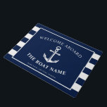 Nautical Anchor Boat & Captain Name Navy Stripes Doormat<br><div class="desc">A doormat featuring a nautical anchor and the custom name of the boat owner and boat.  On the sides are navy and white stripes to complement the front text.</div>