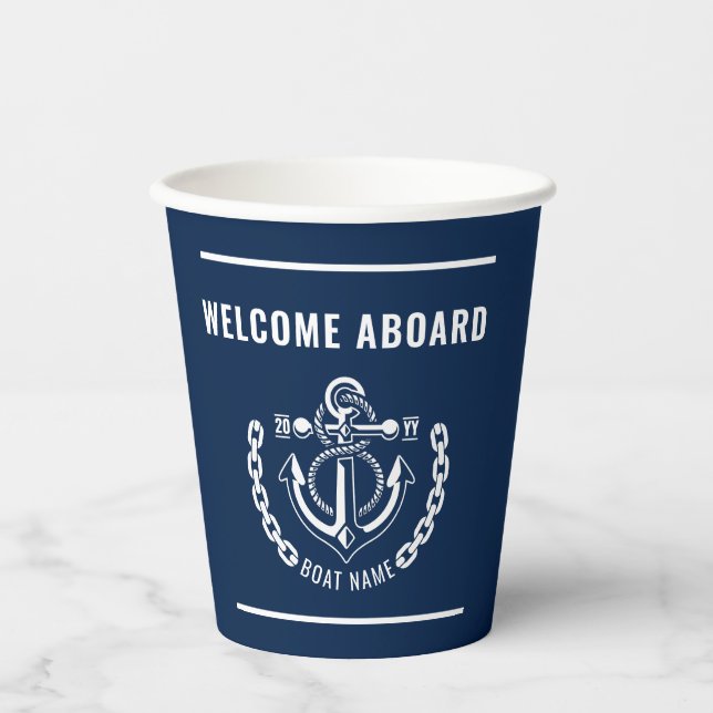 Nautical Anchor Boat & Captain Name Paper Cups (Front)