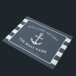 Nautical Anchor Boat & Captain Name Slate Stripes Doormat<br><div class="desc">A doormat featuring a nautical anchor and the custom name of the boat owner and boat.  On the sides are greyish blue slate and white stripes to complement the front text.</div>