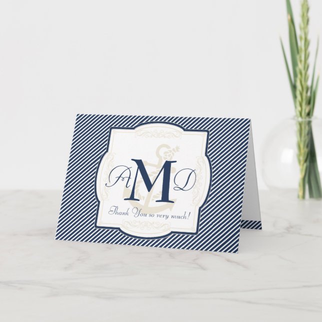 Nautical Anchor Boat Diagonal Stripes Swirl Modern Thank You Card (Front)
