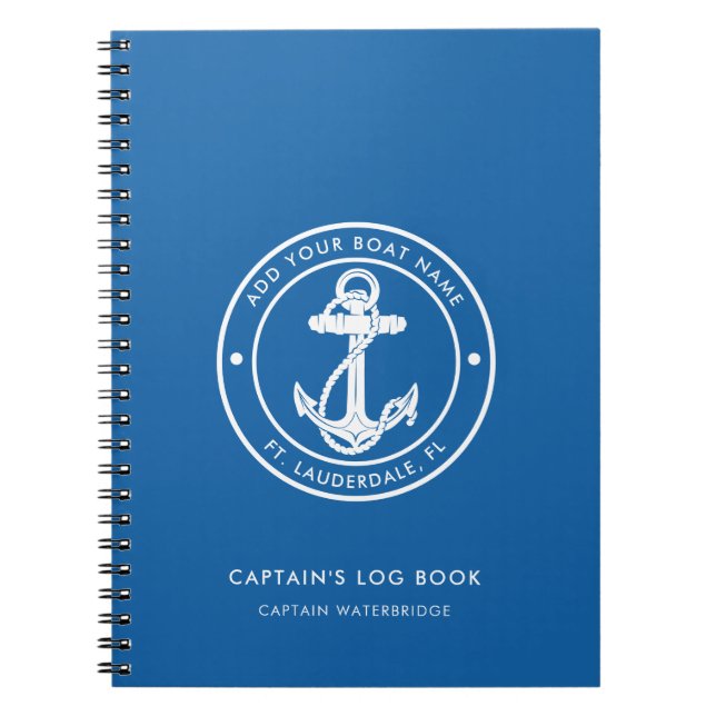 Nautical Anchor Boat Name Blue Captain's Log Notebook (Front)