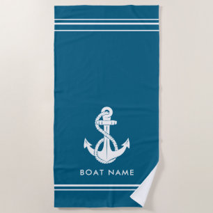 Nautical Anchor Boat Name Blue Custom Beach Towel