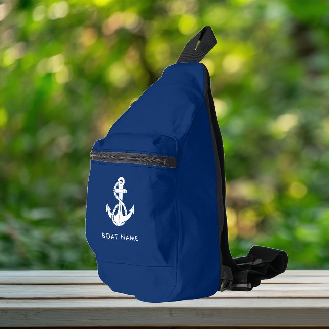 Nautical Anchor Boat Name Blue Custom Sling Bag (Nautical Anchor Blue Sling Bag)