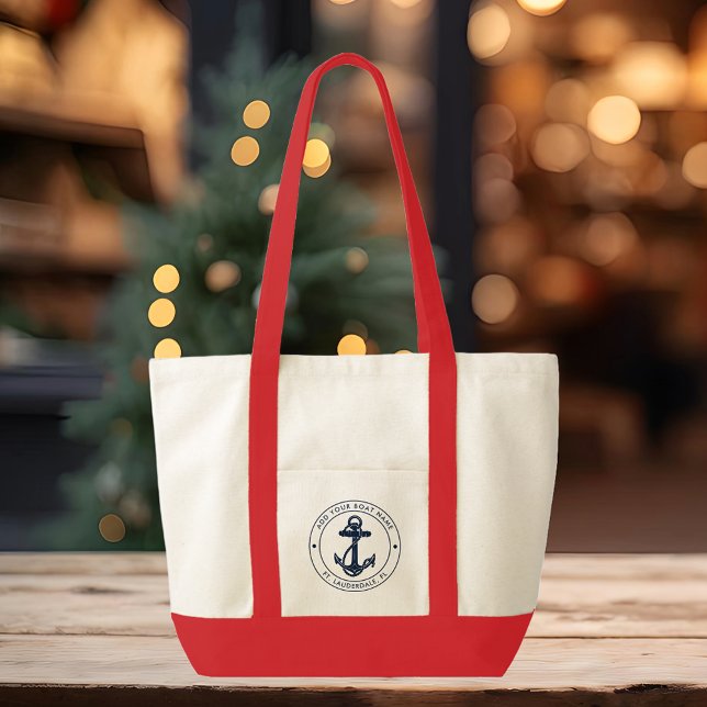 Nautical Anchor Boat Name Custom Coastal Tote Bag (Nautical Anchor Custom Promotional Red Handles Tote Bag)