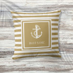 Nautical Anchor Boat Name Gold Striped Cushion<br><div class="desc">A nautical design featuring an anchor,  stylish gold and white stripes and personalised with your boat name. Designed by Thisisnotme©</div>