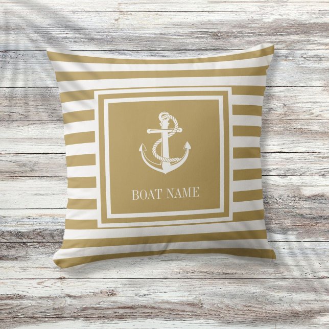 Nautical Anchor Boat Name Gold Striped Cushion (Nautical Anchor Boat Name Gold Striped Throw Pillow)