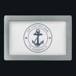 Nautical Anchor Boat Name Navy Blue Boating Custom Belt Buckle<br><div class="desc">Add your boat or captain's name and location by clicking the "Personalise" button above. Set sail in style with our custom nautical-themed boating swag, the ultimate companion for your maritime adventures. This belt buckle boasts a cute design inspired by the ocean's wonders, featuring classic maritime motifs such as an anchor...</div>