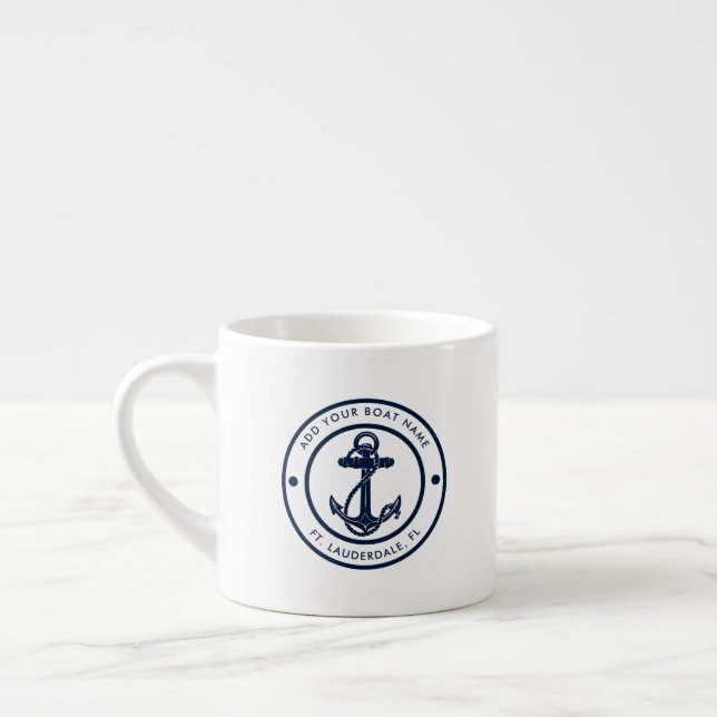 Nautical Anchor Boat Name Navy Blue Boating Espresso Cup (Left)