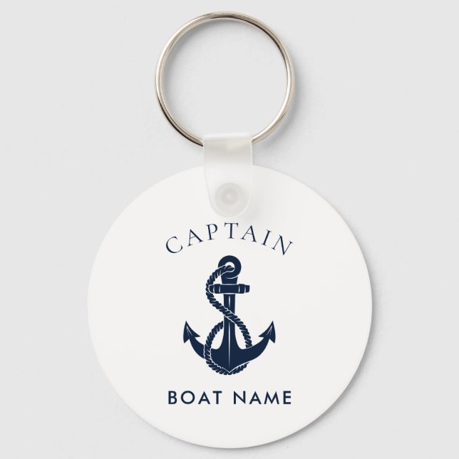 Nautical Anchor Boat Name Navy Blue Custom Key Ring (Front)