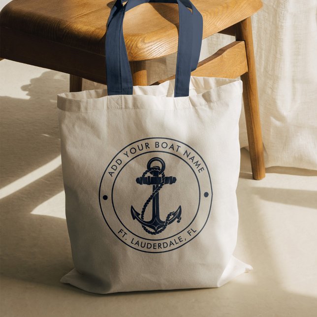 Nautical Anchor Boat Name Navy Blue Custom Tote Bag (Nautical Anchor Navy Blue Boat Name Tote Bag)