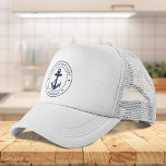 Nautical Anchor Boat Name Navy Blue Ocean Trucker Hat<br><div class="desc">Add your boat name, and dock by clicking the "Personalise" button above. Set sail in style with our custom nautical-themed hat, the ultimate companion for your maritime adventures. This trucker hat boasts a cute design inspired by the ocean's wonders, featuring classic maritime motifs such as an anchor and rope. Whether...</div>
