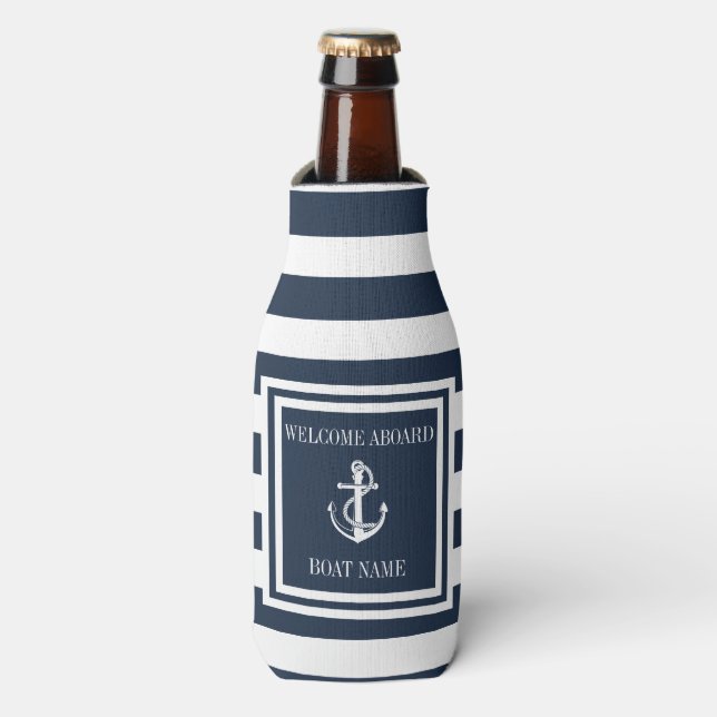 Nautical Anchor Boat Name Navy Blue Striped Bottle Cooler (Bottle Front)