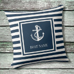 Nautical Anchor Boat Name Navy Blue Striped Cushion<br><div class="desc">A nautical design featuring an anchor,  stylish navy blue and white stripes and personalised with your boat name. Designed by Thisisnotme©</div>