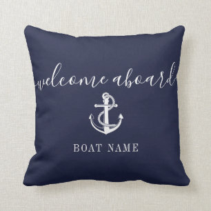Nautical Anchor Boat Name Navy Blue Welcome Aboard Cushion