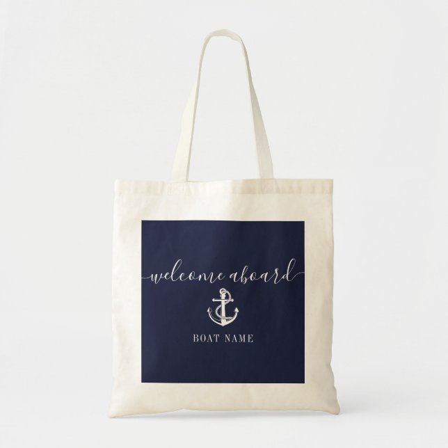 Nautical Anchor Boat Name Navy Blue Welcome Aboard Tote Bag (Front)