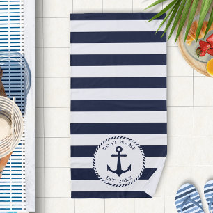 Nautical Anchor Boat Name Navy Blue White Beach Towel