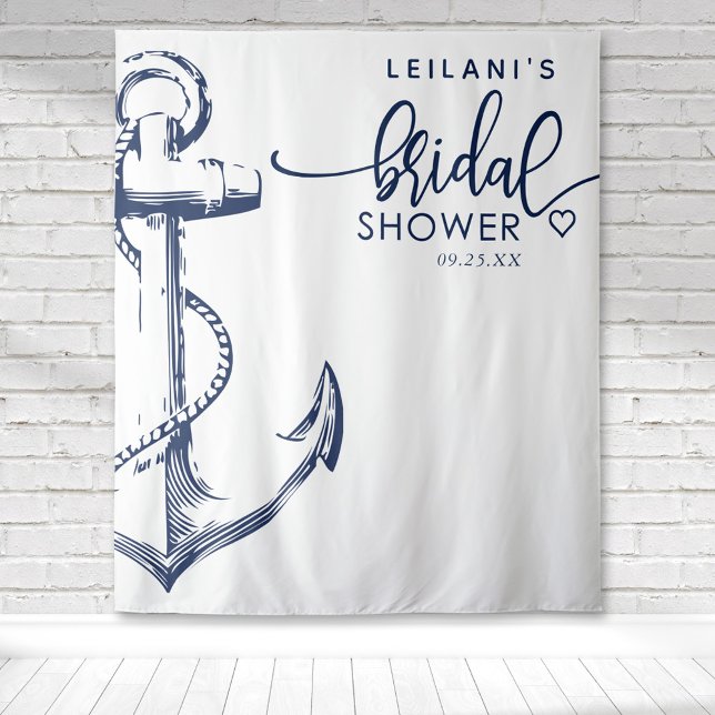 Nautical Anchor Bridal Shower White Tapestry (White nautical navy anchor bridal shower backdrop perfect for photo ops at a beach them shower)
