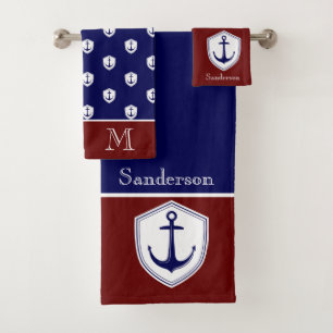 Nautical Anchor Burgundy Bathroom Ocean Navy Bath Towel Set