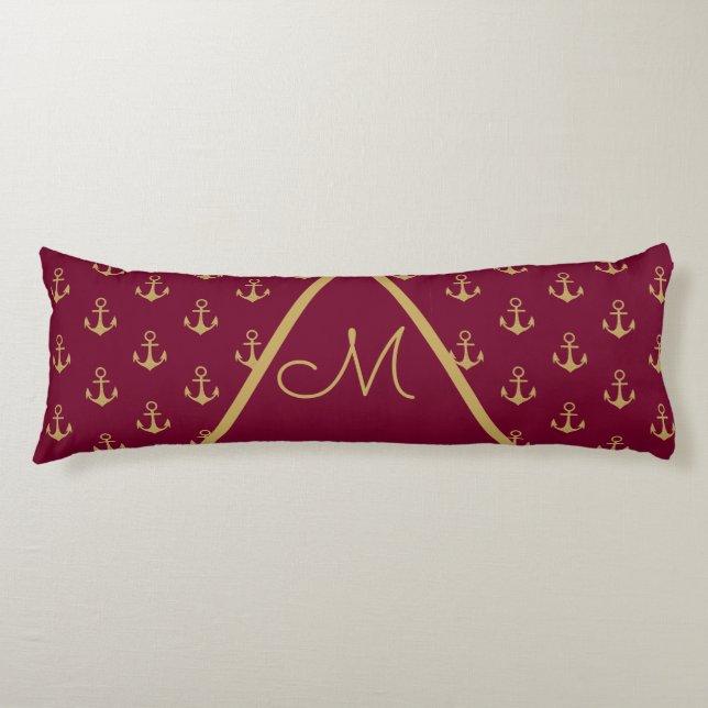 Nautical Anchor Burgundy Red Monogram Body Cushion (Front)