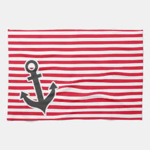 Nautical Anchor; Cadmium Red Stripes; Striped Tea Towel