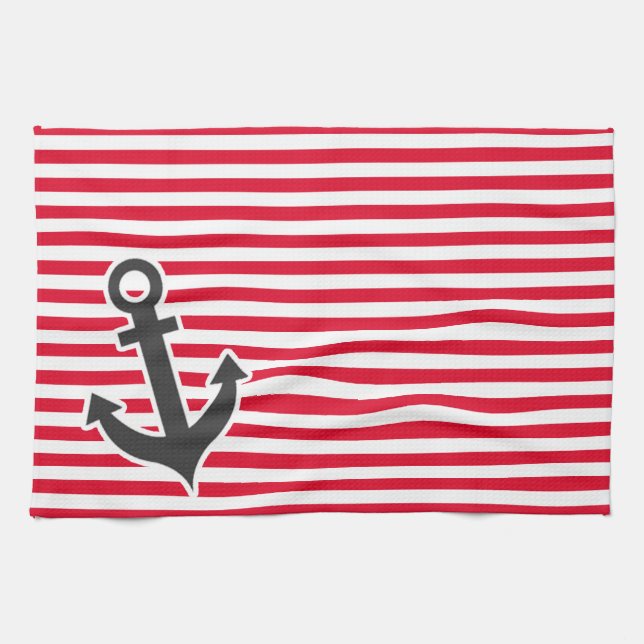Nautical Anchor; Cadmium Red Stripes; Striped Tea Towel (Horizontal)