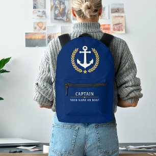 Nautical Anchor Captain Boat Name Gold Laurel Navy Printed Backpack