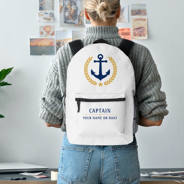 Nautical Anchor Captain Boat Name Gold Laurel Navy Printed Backpack (Creator Uploaded)