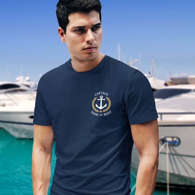 Nautical Anchor Captain Boat Name Gold Laurel Navy T-Shirt (Several shirt styles and colors to choose from)