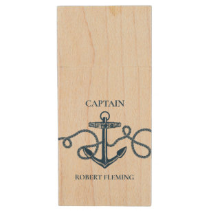 Nautical Anchor Captain Custom Name Wood USB Flash Drive