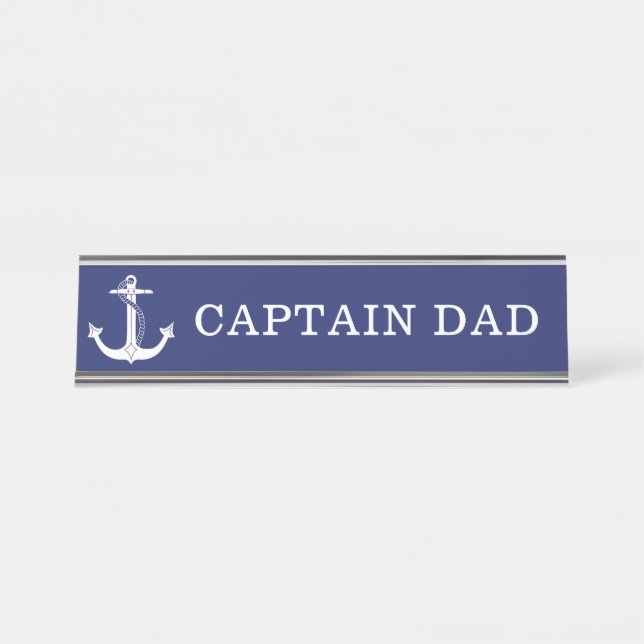 Nautical Anchor Captain Dad Navy Blue White Desk Name Plate (Front)