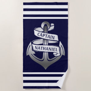 Nautical Anchor Captain Name Navy White Stripe Beach Towel