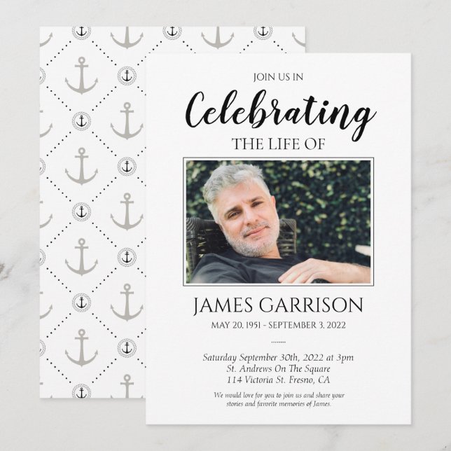 Nautical Anchor Celebration of Life With Photo Invitation (Front/Back)