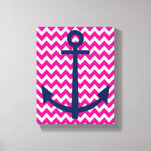 Nautical Anchor Chevron Wall Art in Pink and Navy
