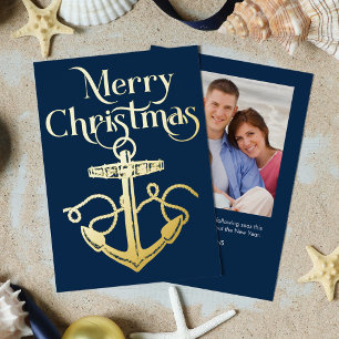 Nautical Anchor Christmas Photo Navy Blue Gold Foil Holiday Card