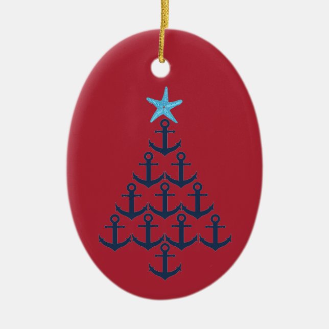Nautical Anchor Christmas Tree Ceramic Ornament (Front)