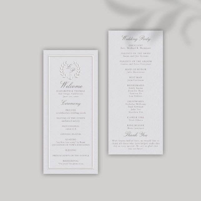 Nautical Anchor Classic Formal Wedding Program (nautical wedding program modern classic formal traditional faux embossed anchor crest monograms)