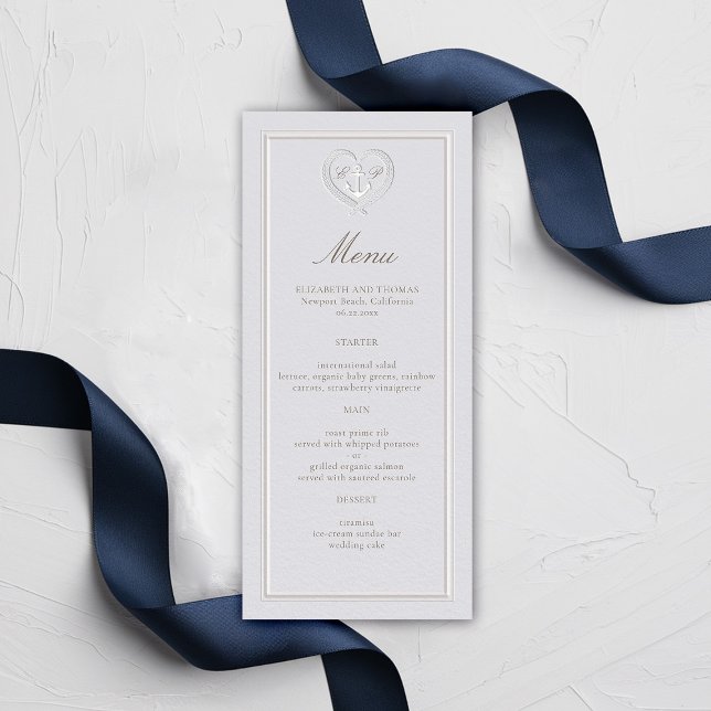 Nautical Anchor Coastal Rope Crest Formal Wedding Menu (nautical wedding menu card classic formal traditional frame faux embossed anchor crest monograms)