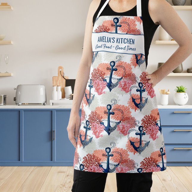 Nautical Anchor Coastal Sea Coral Custom Chef Name Apron (Creator Uploaded)
