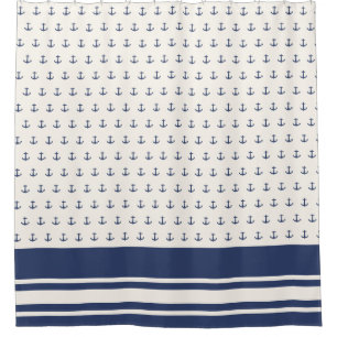 Nautical Anchor Coastal Stripes Navy Blue Cream Shower Curtain