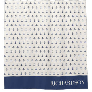 Nautical Anchor Coastal Stripes Navy Blue Cream Shower Curtain
